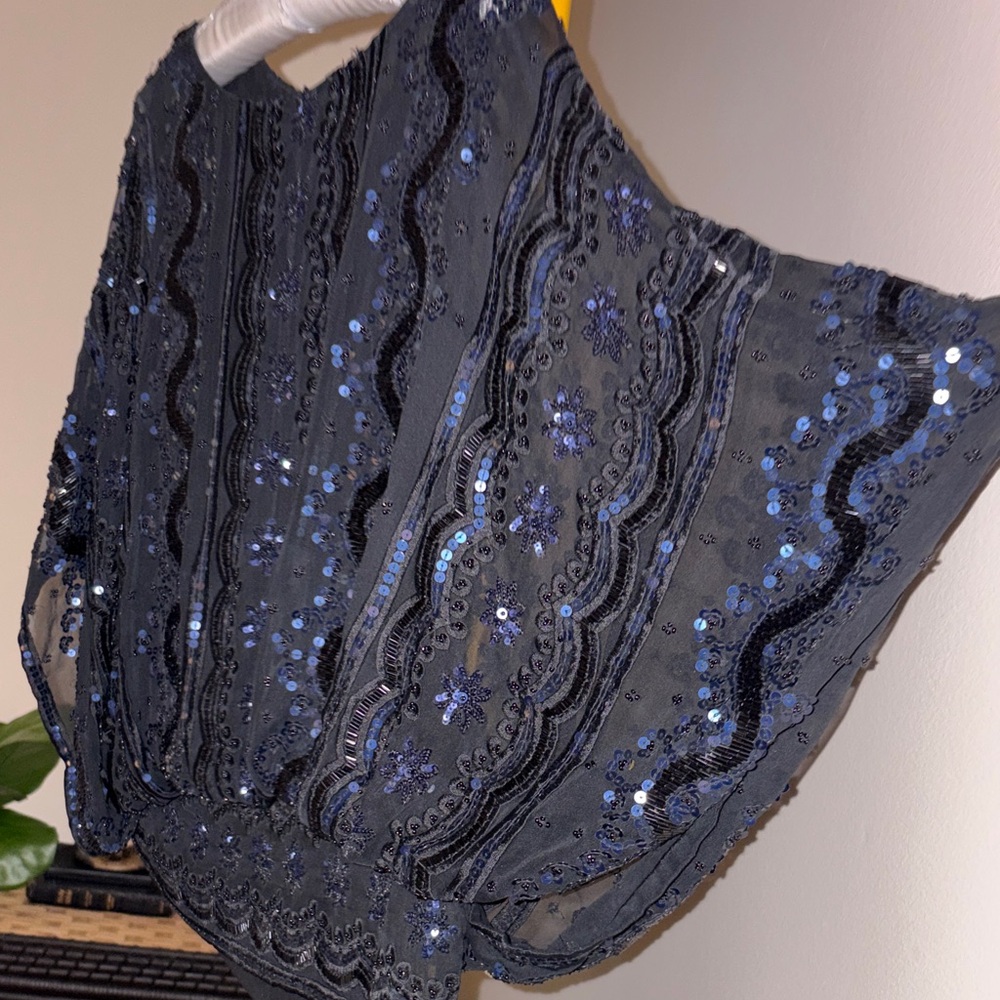 Beyond Vintage Black and Blue Sequin Dolman Sleeve Blouse.